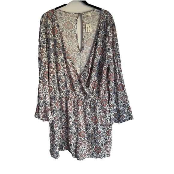 Aeropostale Women XL Romper Long Bell Sleeve Deep V Neck Floral Multicolor Boho - Picture 1 of 5